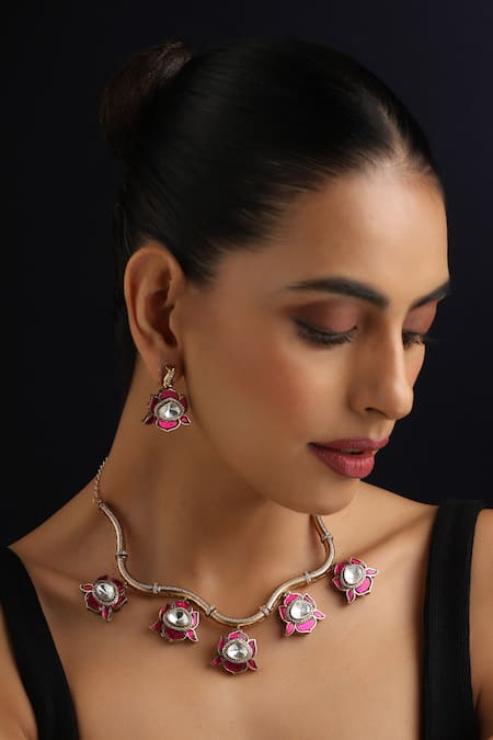 Shop_Swabhimann_Gold Plated Stones Ruby And Polki Hasli Necklace Set_Online_at_Aza_Fashions