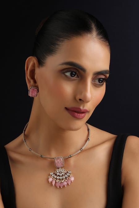 Swabhimann Gold Plated Stones Pink Polki Hasli Necklace Set 