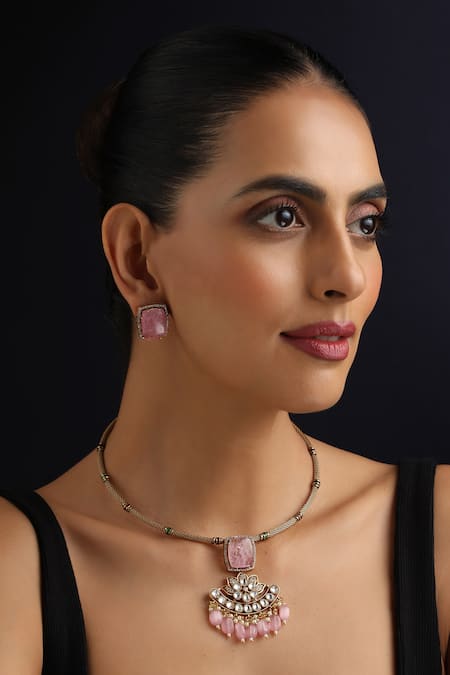 Swabhimann_Gold Plated Stones Pink Polki Hasli Necklace Set_Online_at_Aza_Fashions
