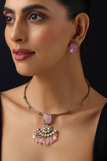 Buy_Swabhimann_Gold Plated Stones Pink Polki Hasli Necklace Set_Online_at_Aza_Fashions