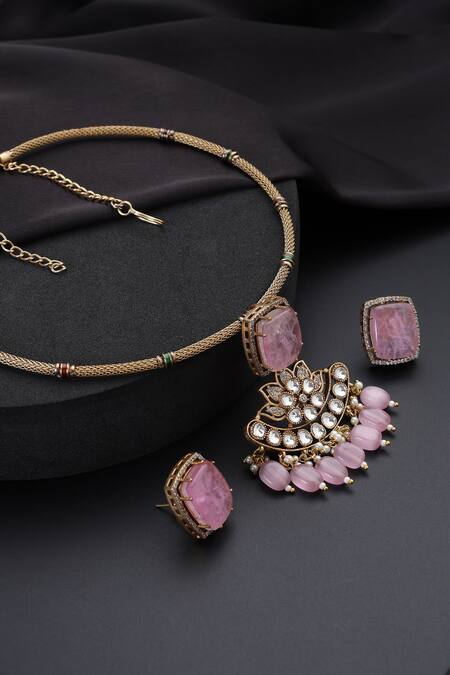 Shop_Swabhimann_Gold Plated Stones Pink Polki Hasli Necklace Set_Online_at_Aza_Fashions