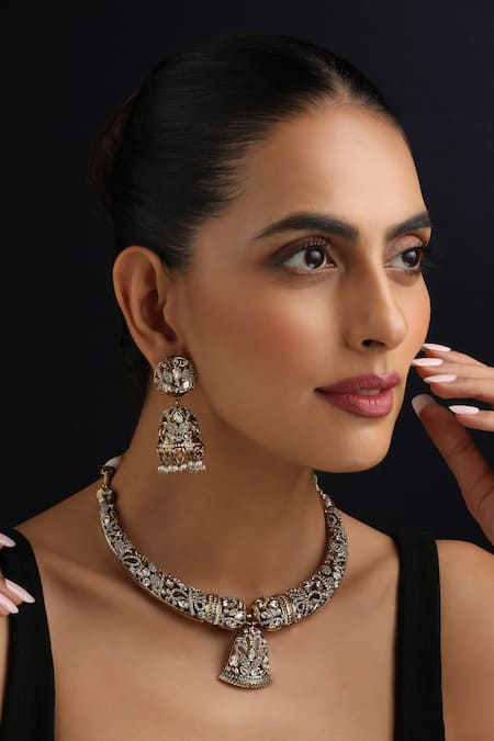 Swabhimann Gold Plated Stones, Pearls Victorian Polki Hasli Necklace Set 