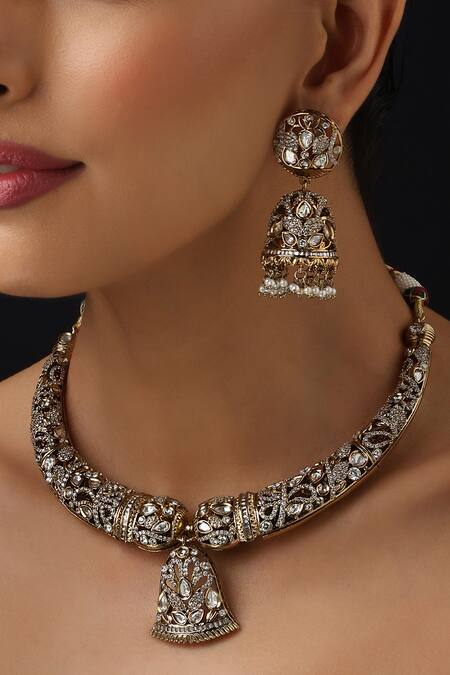 Buy_Swabhimann_Gold Plated Stones, Pearls Victorian Polki Hasli Necklace Set _Online_at_Aza_Fashions