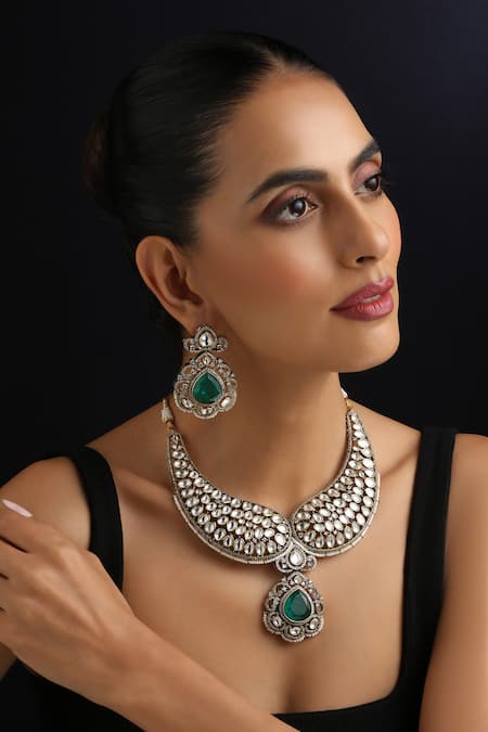 Swabhimann Gold Plated Pearls, Stones Emerald And Polki Necklace Set 