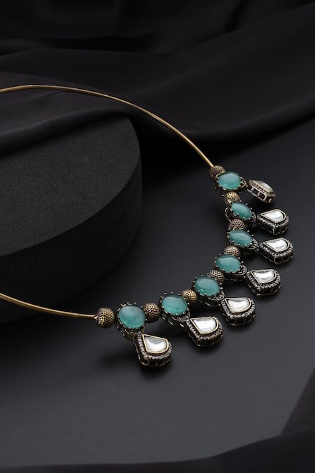 Swabhimann_Gold Plated Mint And Polki Hasli Necklace _Online_at_Aza_Fashions