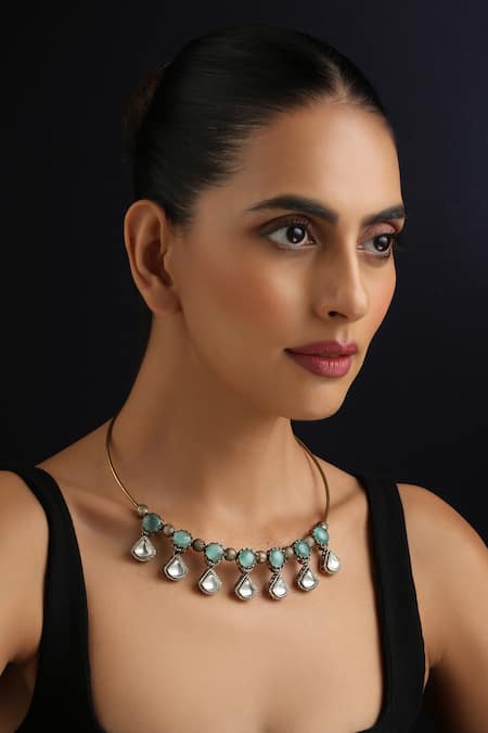 Buy_Swabhimann_Gold Plated Mint And Polki Hasli Necklace _Online_at_Aza_Fashions
