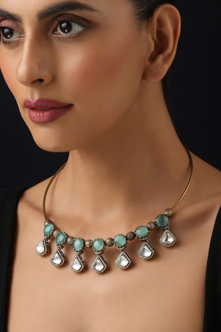 Shop_Swabhimann_Gold Plated Mint And Polki Hasli Necklace _Online_at_Aza_Fashions