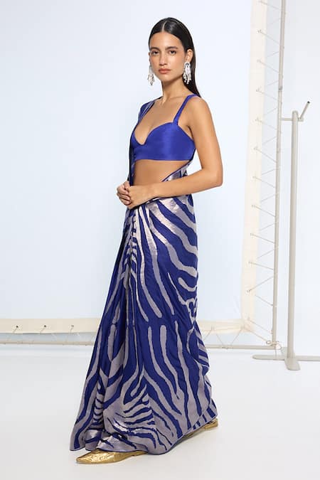 Ekaya Banaras_Blue Silk Zari Handwoven Dark Saree With Running Blouse _at_Aza_Fashions