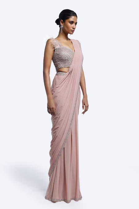Shop_Onaya_Pink Lycra, Net Feathers, Pearls, Cut Embellished Blouse And Pre-draped Saree Set _Online_at_Aza_Fashions