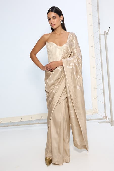 Ekaya Banaras Handwoven Beige Silk Saree With Running Blouse 