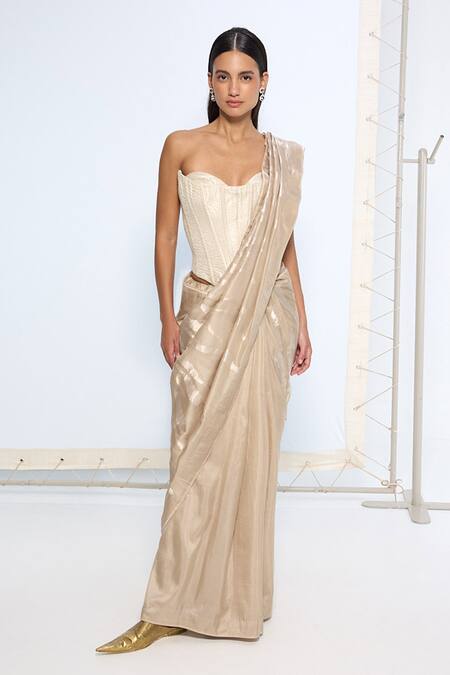 Ekaya Banaras_Beige Silk Zari Handwoven Saree With Running Blouse _at_Aza_Fashions