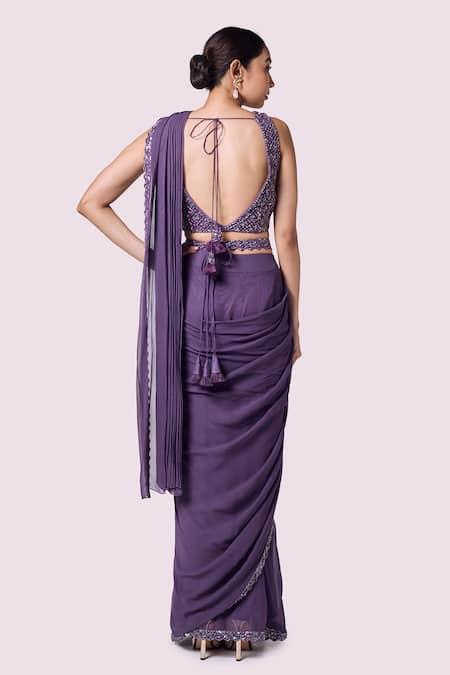 Shop Onaya Lavender Georgette Embroidery, Embellished Blouse And Pre-draped Saree Set at Aza Fashions Shop_Onaya_Lavender Georgette Embroidery, Embellished Blouse And Pre-draped Saree Set _at_Aza_Fashions