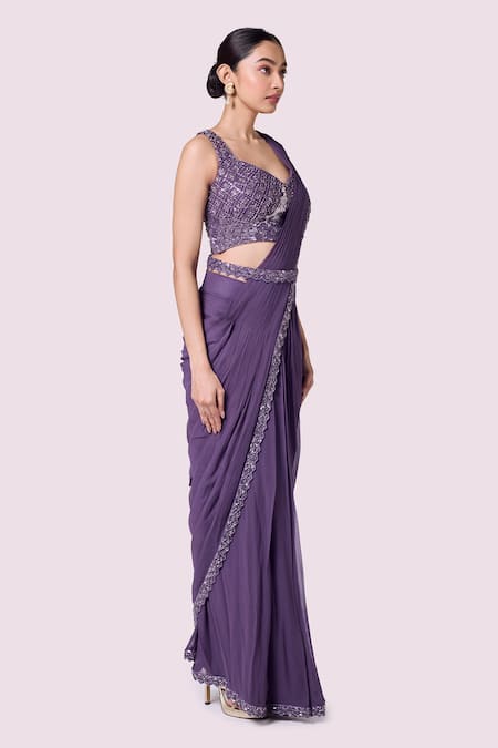 Shop Onaya Lavender Georgette Embroidery, Embellished Blouse And Pre-draped Saree Set Online at Aza Fashions Shop_Onaya_Lavender Georgette Embroidery, Embellished Blouse And Pre-draped Saree Set _Online_at_Aza_Fashions