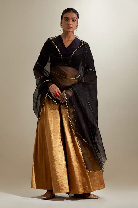 Vinusto Black Chanderi, Silk, Organza Zari, Embroidery V-neck Blouse And Palazzo Set 