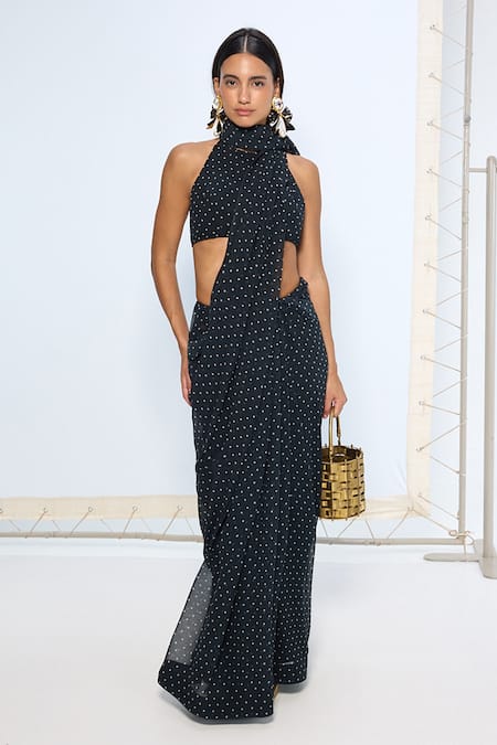 Ekaya Banaras Black Chiffon Noir Polka Dotted Saree With Running Blouse 