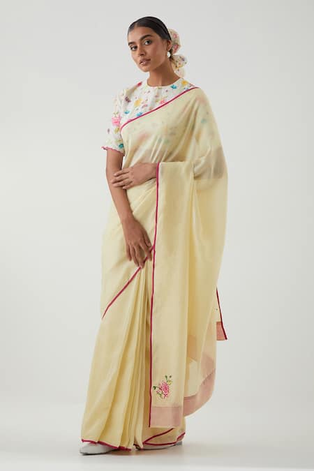 Vinusto Yellow Chanderi Applique, Embroidery Round Neck Saree With Floral Print Blouse 
