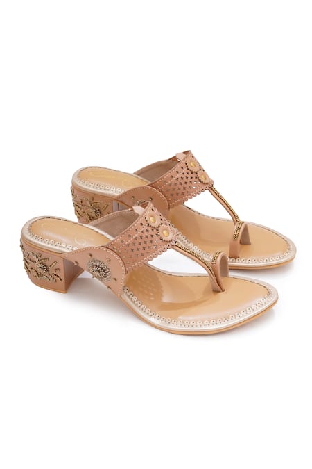 Sole House Beige Embroidery, Studs Dabka And Zari Block Heels 