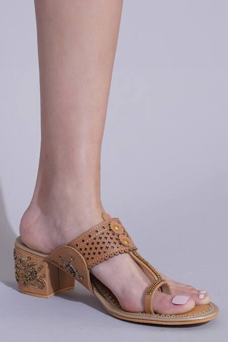 Sole House_Beige Embroidery, Studs Dabka And Zari Block Heels _at_Aza_Fashions