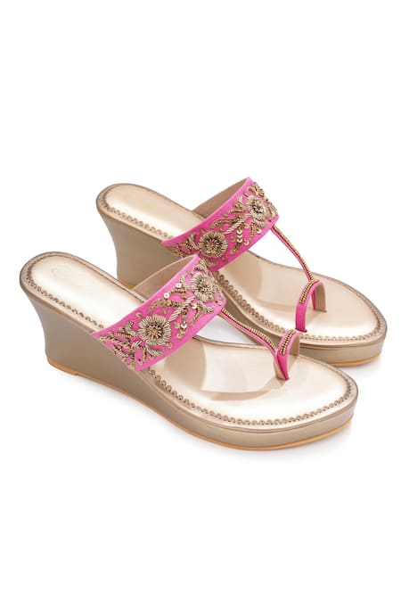 Sole House Pink Embroidery, Sequins Dabka And Zari Wedge Sandals 