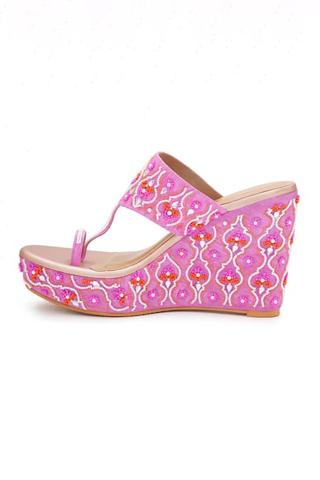 Sole House Embroidered Pink Wedge Heels 