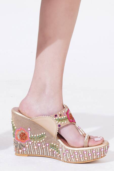 Sole House_Rose Gold Embroidery, Beads, Rhinestones, Sequins And Embellished Wedge Heels_at_Aza_Fashions