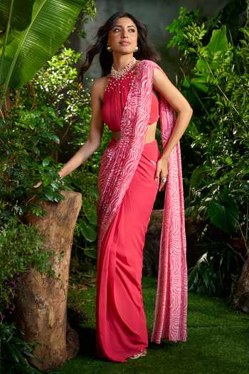 Aariyana Couture_Pink Chiffon Pearls Halter Abstract Animal Print Pre-draped Saree With Blouse _at_Aza_Fashions