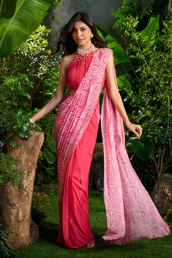 Shop_Aariyana Couture_Pink Chiffon Pearls Halter Abstract Animal Print Pre-draped Saree With Blouse 