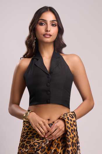 Buy_Aza X Shilpa Shetty Kundra_Beige Lurex, Georgette, Silk Sequins Leopard Print Saree With Tie-up Blouse