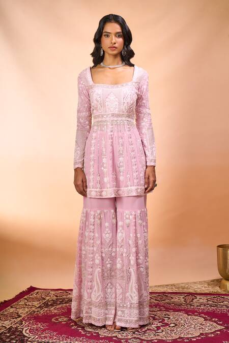 Alaya Advani_Pink Georgette Embroidery, Sequins Square Neck Floral Peplum Kurta Sharara Set _Online_at_Aza_Fashions