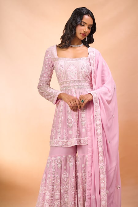 Shop_Alaya Advani_Pink Georgette Embroidery, Sequins Square Neck Floral Peplum Kurta Sharara Set _Online_at_Aza_Fashions