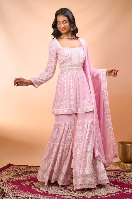 Buy_Alaya Advani_Pink Georgette Embroidery, Sequins Square Neck Floral Peplum Kurta Sharara Set 