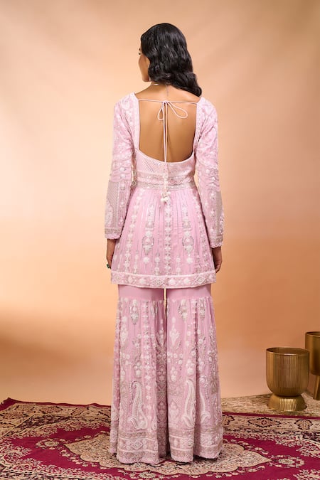 Shop_Alaya Advani_Pink Georgette Embroidery, Sequins Square Neck Floral Peplum Kurta Sharara Set _at_Aza_Fashions