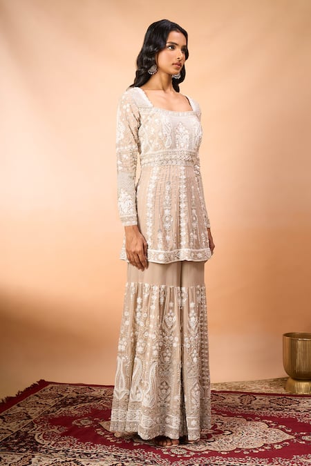 Alaya Advani_Beige Georgette Embroidery Square Neck Floral Kurta Sharara Set _Online_at_Aza_Fashions