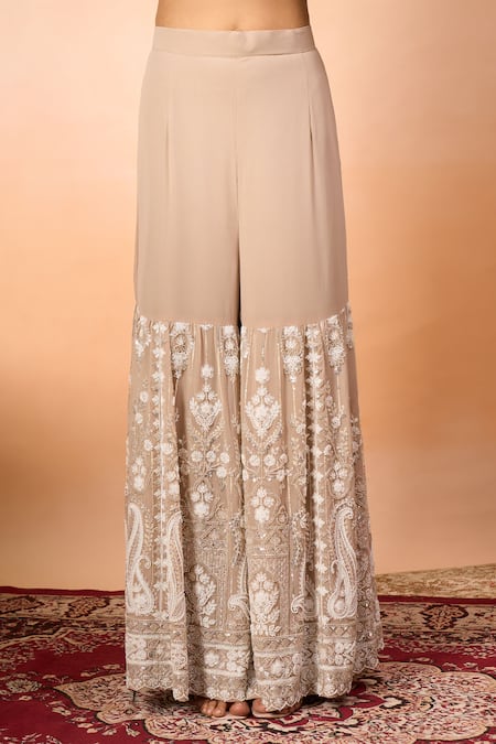 Buy_Alaya Advani_Beige Georgette Embroidery Square Neck Floral Kurta Sharara Set _Online_at_Aza_Fashions