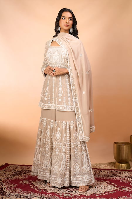 Shop_Alaya Advani_Beige Georgette Embroidery Square Neck Floral Kurta Sharara Set _Online_at_Aza_Fashions