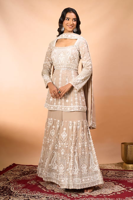 Buy_Alaya Advani_Beige Georgette Embroidery Square Neck Floral Kurta Sharara Set 
