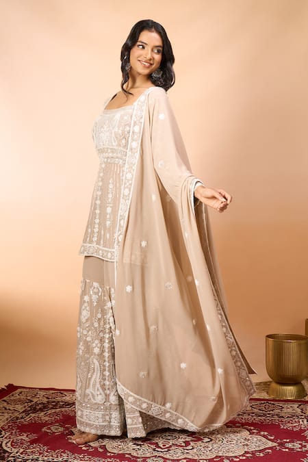 Shop_Alaya Advani_Beige Georgette Embroidery Square Neck Floral Kurta Sharara Set 