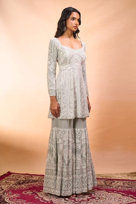 Alaya Advani_Green Georgette Embroidery Square Neck Sea Kurta Sharara Set _Online_at_Aza_Fashions