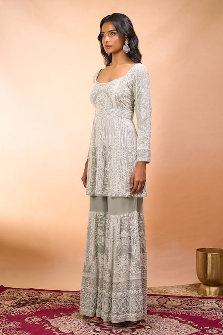 Buy_Alaya Advani_Green Georgette Embroidery Square Neck Sea Kurta Sharara Set _Online_at_Aza_Fashions