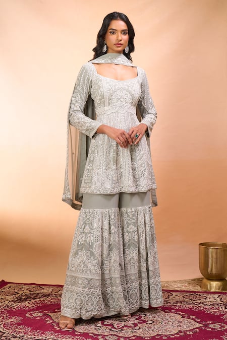 Shop_Alaya Advani_Green Georgette Embroidery Square Neck Sea Kurta Sharara Set _Online_at_Aza_Fashions
