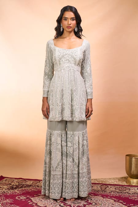 Alaya Advani_Green Georgette Embroidery Square Neck Sea Kurta Sharara Set _at_Aza_Fashions