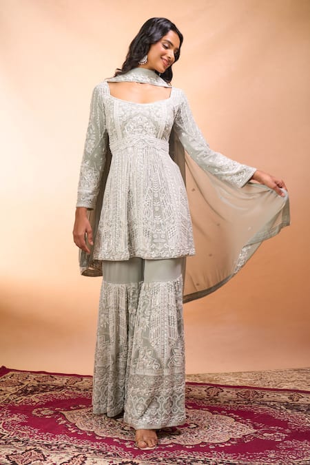 Shop_Alaya Advani_Green Georgette Embroidery Square Neck Sea Kurta Sharara Set 