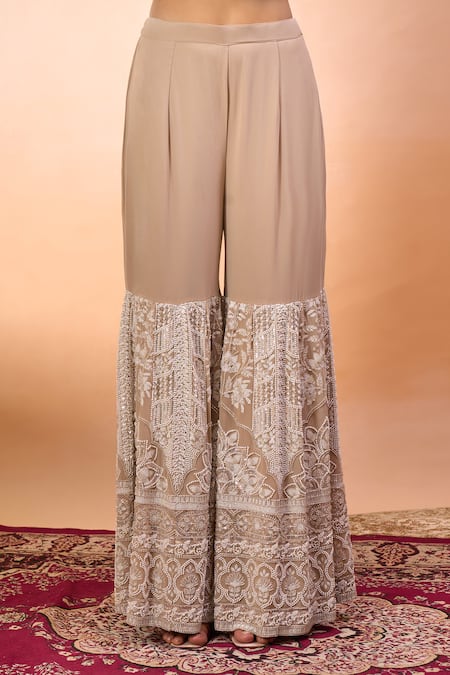 Alaya Advani Beige Georgette Embroidery Square Neck Hand Kurta Sharara Set Online at Aza Fashions Alaya Advani_Beige Georgette Embroidery Square Neck Hand Kurta Sharara Set _Online_at_Aza_Fashions