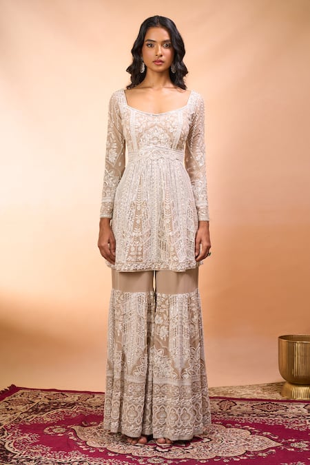 Shop Alaya Advani Beige Georgette Embroidery Square Neck Hand Kurta Sharara Set Online at Aza Fashions Shop_Alaya Advani_Beige Georgette Embroidery Square Neck Hand Kurta Sharara Set _Online_at_Aza_Fashions