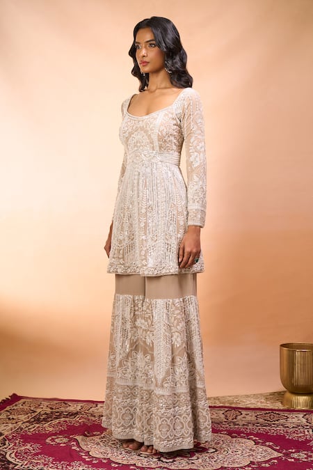 Alaya Advani Beige Georgette Embroidery Square Neck Hand Kurta Sharara Set at Aza Fashions Alaya Advani_Beige Georgette Embroidery Square Neck Hand Kurta Sharara Set _at_Aza_Fashions