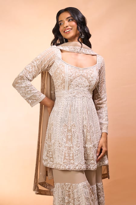 Buy Alaya Advani Beige Georgette Embroidery Square Neck Hand Kurta Sharara Set Buy_Alaya Advani_Beige Georgette Embroidery Square Neck Hand Kurta Sharara Set