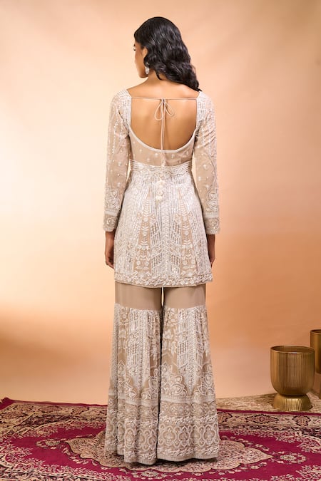 Shop Alaya Advani Beige Georgette Embroidery Square Neck Hand Kurta Sharara Set at Aza Fashions Shop_Alaya Advani_Beige Georgette Embroidery Square Neck Hand Kurta Sharara Set _at_Aza_Fashions