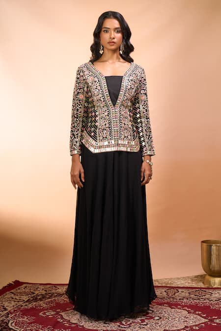 Alaya Advani Black Silk Embroidery, Mirrors V-, Square Jacket Palazzo Set Online at Aza Fashions Alaya Advani_Black Silk Embroidery, Mirrors V-, Square Jacket Palazzo Set _Online_at_Aza_Fashions