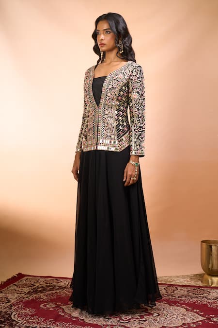 Buy Alaya Advani Black Silk Embroidery, Mirrors V-, Square Jacket Palazzo Set Online at Aza Fashions Buy_Alaya Advani_Black Silk Embroidery, Mirrors V-, Square Jacket Palazzo Set _Online_at_Aza_Fashions