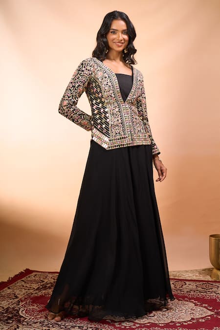 Alaya Advani Black Silk Embroidery, Mirrors V-, Square Jacket Palazzo Set 